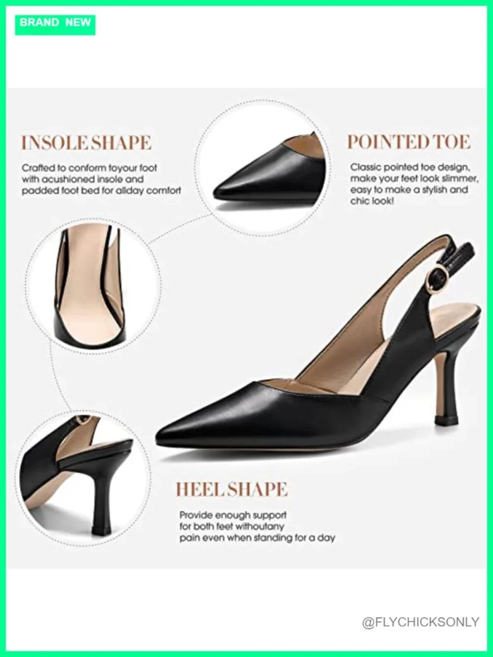 Faux Leather Slingback Kitten Heels Closed Pointed Toe Backless Pumps